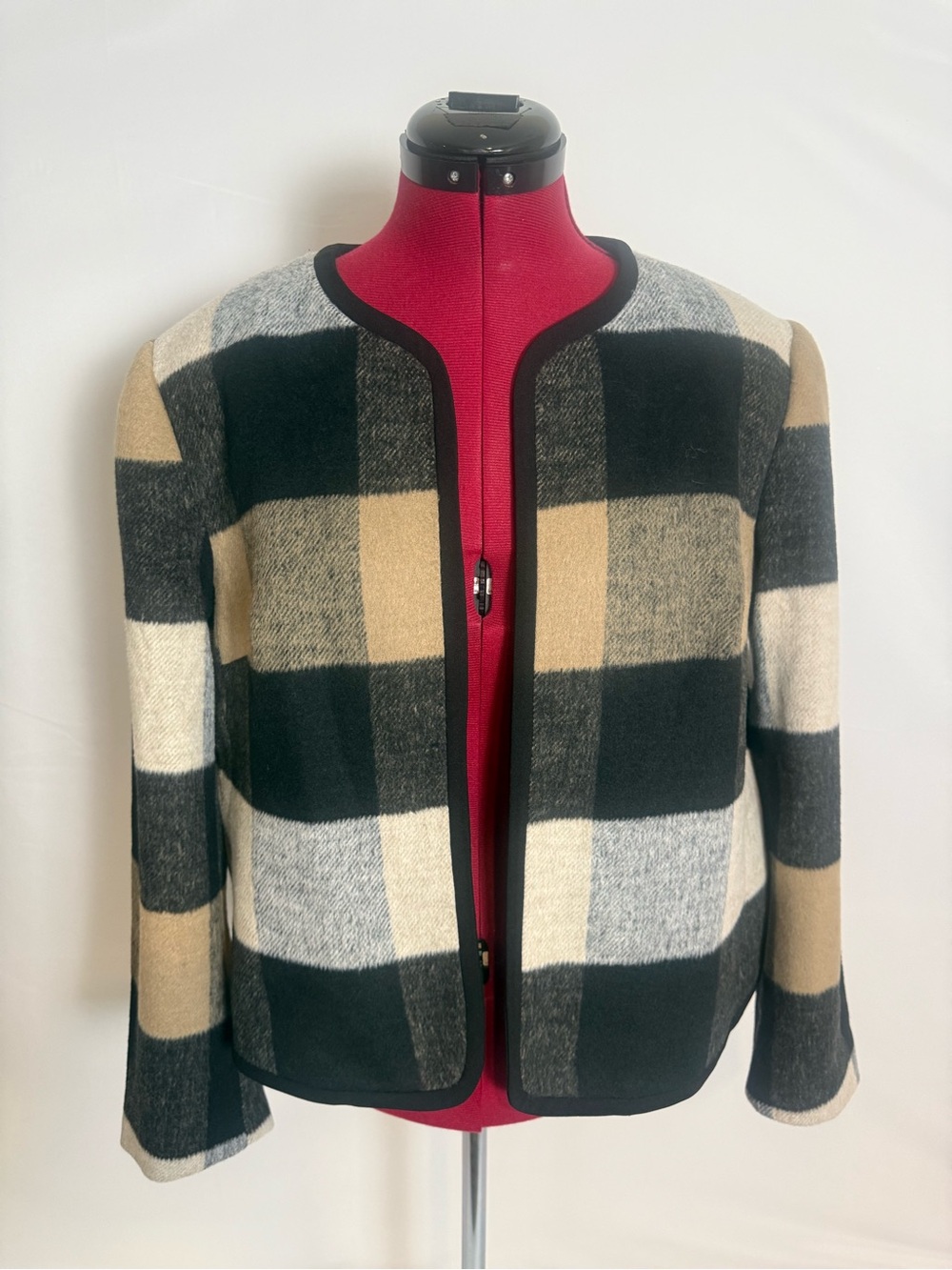 NWT Anne Klein Blazer Women's Size Large Black/Cream/Tan Plaid Open Front